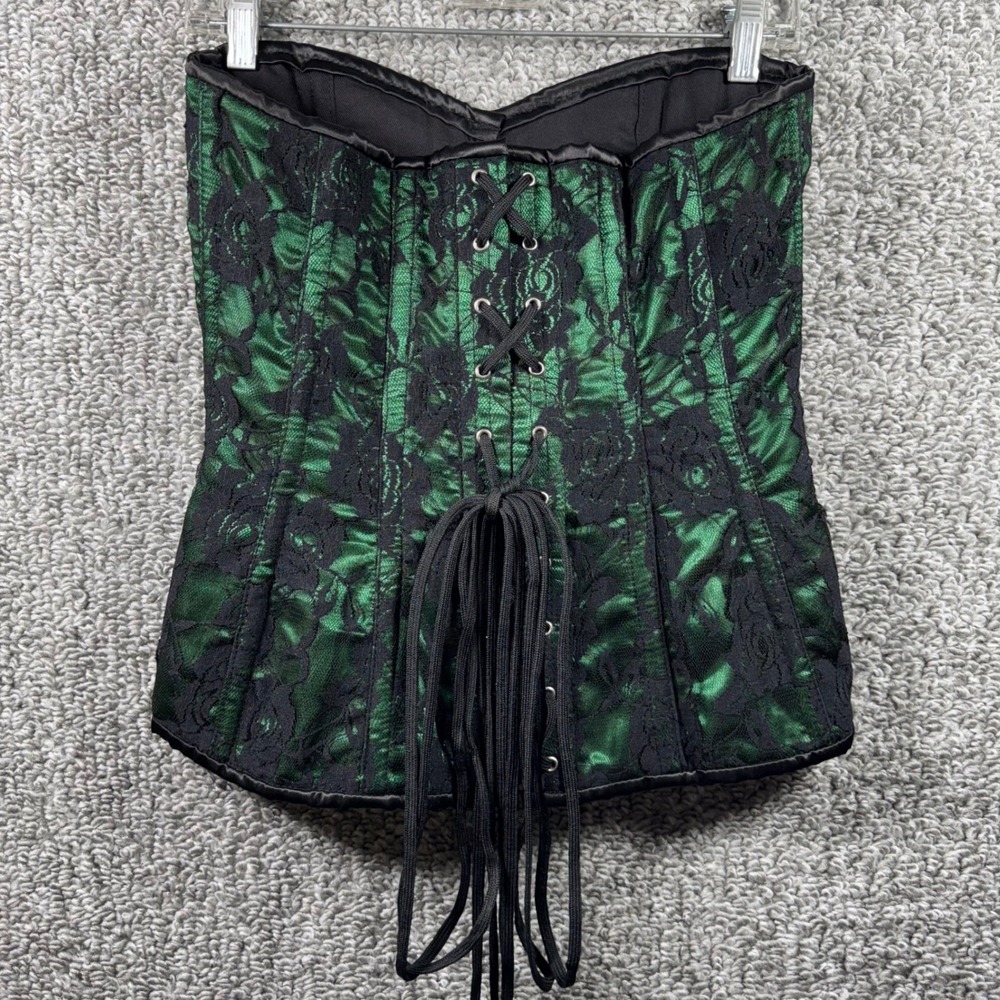 Daisy Corsets Lavish Green Lace Front Zip Overbust Boned Cincher Bustier Large - Picture 2 of 12